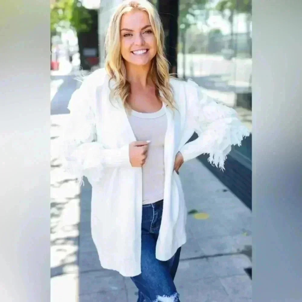 Beautiful You Ivory Fringe Detail Knit Cardigan